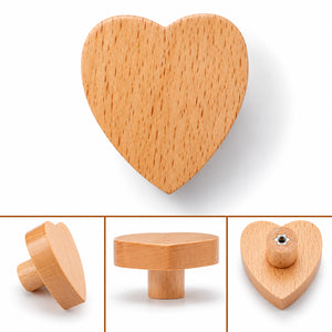 Multiple views of heart-shaped wood cabinet knob or wall hook, style #5.