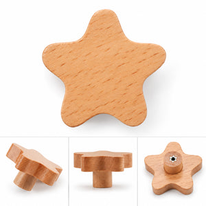 Multiple views of star-shaped wood cabinet knob or wall hook, style #1.