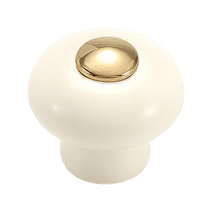 Round white ceramic cabinet knob with an inset gold-tone top, option No. 6.