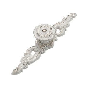 White and silver-tone cabinet knob on an ornate floral backplate, option No. 20, 151 mm.