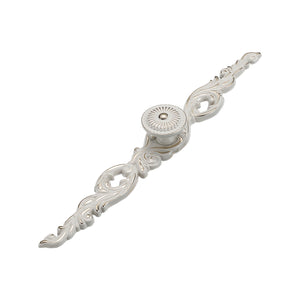 White and silver-tone cabinet knob on an ornate floral backplate, option No. 20, 242 mm.