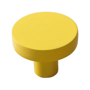 Yellow round cabinet knob with a flat top, 30 mm.