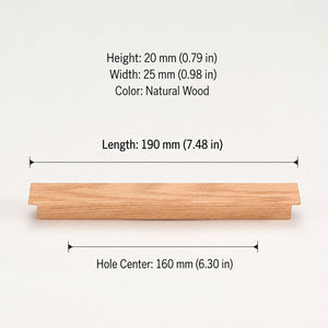 Dimensions of oak wood cabinet finger pull, style #1 (160 mm option).