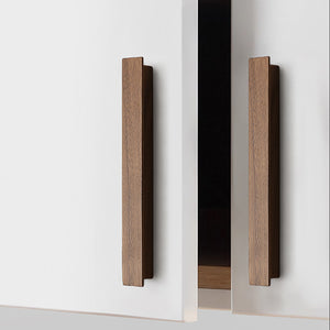Walnut wood cabinet finger pull, style #1 (160 mm option) fitted to cabinetry.
