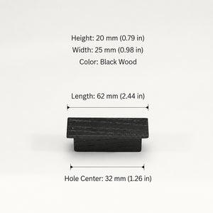 Dimensions of black-finish oak wood cabinet finger pull, style #1 (32 mm option).
