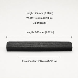 Dimensions of black-finish oak wood cabinet finger pull, style #2 (160 mm option).