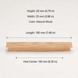 Dimensions of the oak wood finger pull: 190 mm long, 160 mm mounting centers, 25 mm wide and 20 mm high.