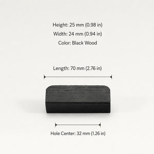Dimensions of black-finish oak wood cabinet finger pull, style #2 (32 mm option).