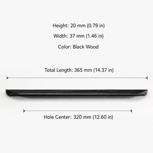 Measurements and mounting details for black oak cabinet finger pull with a tapered grip, style #3 (320 mm hole centers).