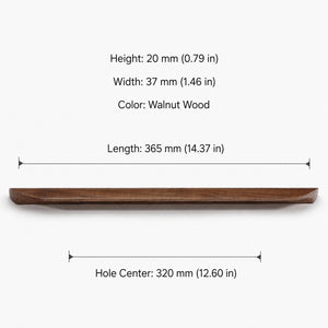 Dimensions of walnut wood cabinet finger pull, style #3 (320 mm option).