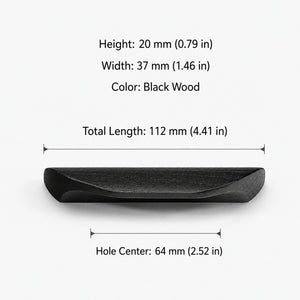 Dimensions of black-finish oak wood cabinet finger pull, style #3 (64 mm option).