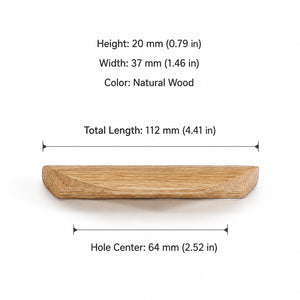 Dimensions of oak wood cabinet finger pull, style #3 (64 mm option).