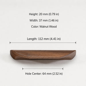 Dimensions of walnut wood cabinet finger pull, style #3 (64 mm option).