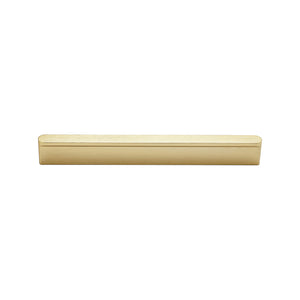 Brass-tone straight finger pull with a slim lipped edge, 128 mm.