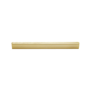 Brass-tone straight finger pull with a slim lipped edge, 160 mm.