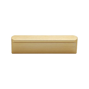 Brass-tone straight finger pull with a slim lipped edge, 64 mm.