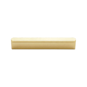 Brass-tone straight finger pull with a slim lipped edge, 96 mm.