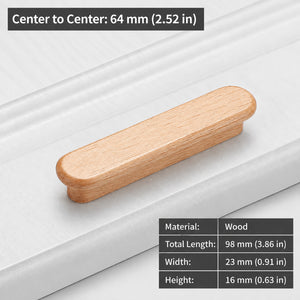 Measurements for slim rounded beech wood finger pull, 64 mm option.