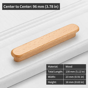 Measurements for slim rounded beech wood finger pull, 96 mm option.