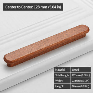 Measurements for slim rounded reddish wood finger pull, 128 mm option.
