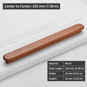 Measurements for slim rounded reddish wood finger pull, 192 mm option.