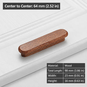 Measurements for slim rounded reddish wood finger pull, 64 mm option.