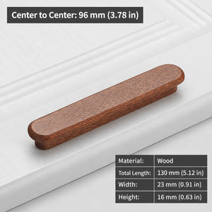Measurements for slim rounded reddish wood finger pull, 96 mm option.