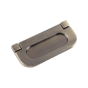 Antique bronze rectangular folding pull with a recessed oval grip, large.