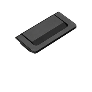 Black rectangular folding pull with a recessed lift tab, style No. 1, 64 mm.