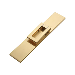 Brushed gold-tone folding pull on a long rectangular backplate, option No. 8.