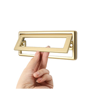 Gold-tone rectangular folding pull with an open label frame, option No. 1, 96 mm.