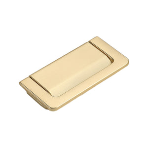 Gold-tone rectangular folding pull with a recessed lift tab, style No. 1, 64 mm.