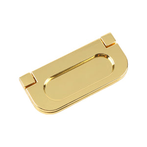 Gold-tone rectangular folding pull with a recessed oval grip, large.