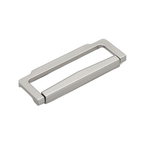 Matte silver-tone minimalist rectangular folding pull with a hinged bar, option No. 2, 64 mm.