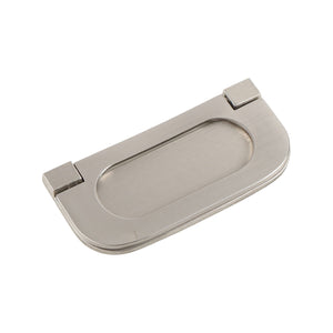 Matte silver rectangular folding pull with a recessed oval grip, large.