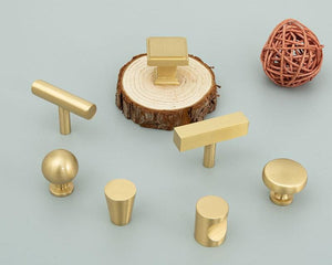 Solid Brass Minimalist Cabinet Pulls & Knobs - Matte Gold Finish - #6 T-Shape / 1pc