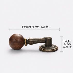 Measurements for dark wood ball drop pull with antique bronze brass mount, style #11.