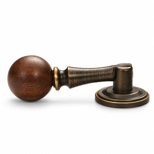 Dark wood ball drop pull with antique bronze brass mount, style #11.