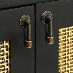 In-use view of wood-ended antique bronze brass drop pull, style #19.