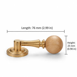Measurements for light wood ball drop pull with a brass stem and round base, style #5.