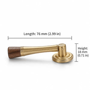 Measurements for dark wood-ended brass drop pull with round mounting plate, style #7 Brass (76 mm).