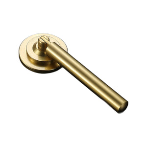 Gold-tone pendant pull with a round backplate and cylindrical drop, option #4.