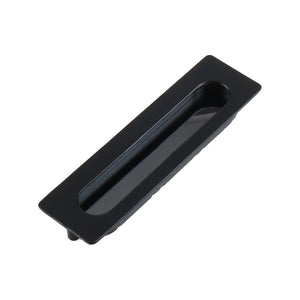 Black rectangular recessed cabinet pull with an oval finger grip, 138 mm.