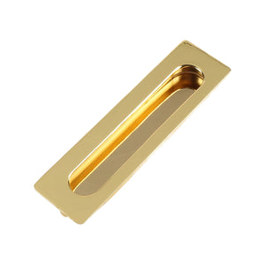 Gold-tone rectangular recessed cabinet pull with a rounded finger grip, 138 mm.