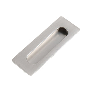 Brushed silver-tone rectangular recessed cabinet pull with an oval finger grip, 106 mm.