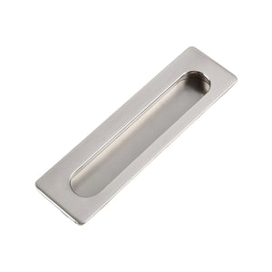Brushed silver-tone rectangular recessed cabinet pull with an oval finger grip, 138 mm.