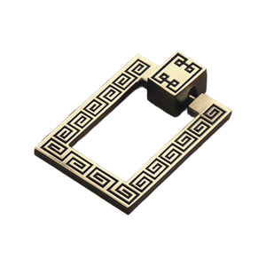 Coffee brown and brass-tone square ring pull with a Greek key pattern, option No. 4.