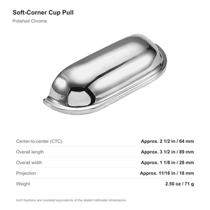 Dimensions of the soft-corner cup pull in Polished Chrome: 64 mm center-to-center, 89 mm long, 28 mm wide and 18 mm projection.