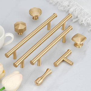 Solid Brass Minimalist Cabinet Pulls & Knobs - Brushed Gold Finish - #4 T-Shape / 1pc
