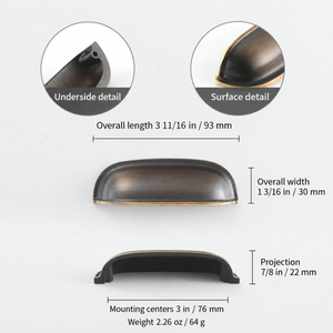 Dimensions diagram for the solid brass rounded dome cup pull in Antique Bronze: 3 in / 76 mm mounting centers, 3 11/16 in / 93 mm overall length, 1 3/16 in / 30 mm width, 7/8 in / 22 mm projection; 2.26 oz / 64 g.